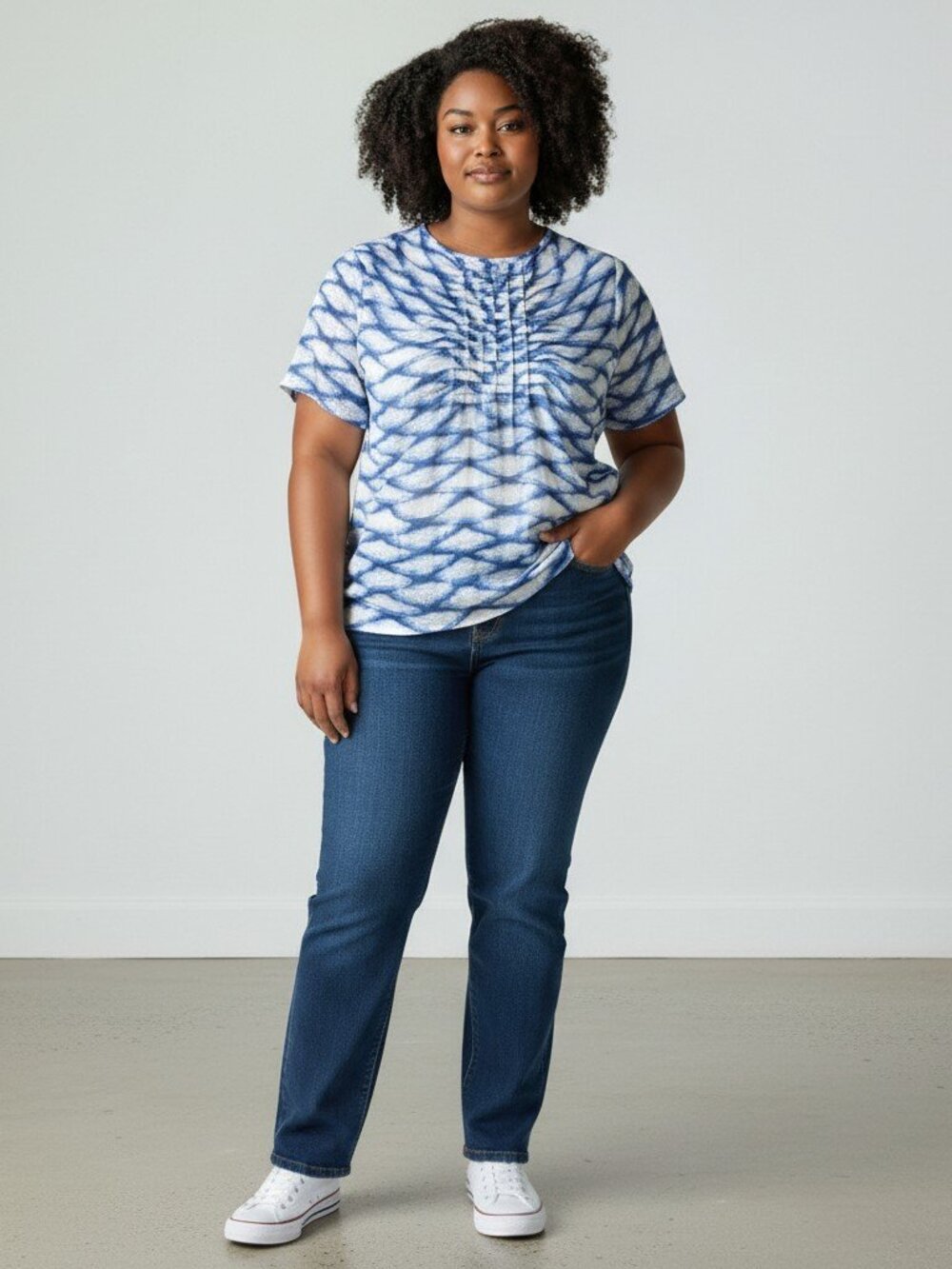 Carmakoma Blue White Abstract Pleated Front Open Back Resort Blouse 14 Plus Size